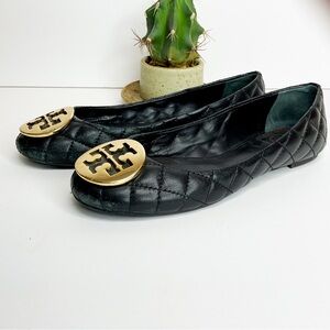 Tory Burch Black Quilted Leather Logo Ballet Flats with Gold Emblem